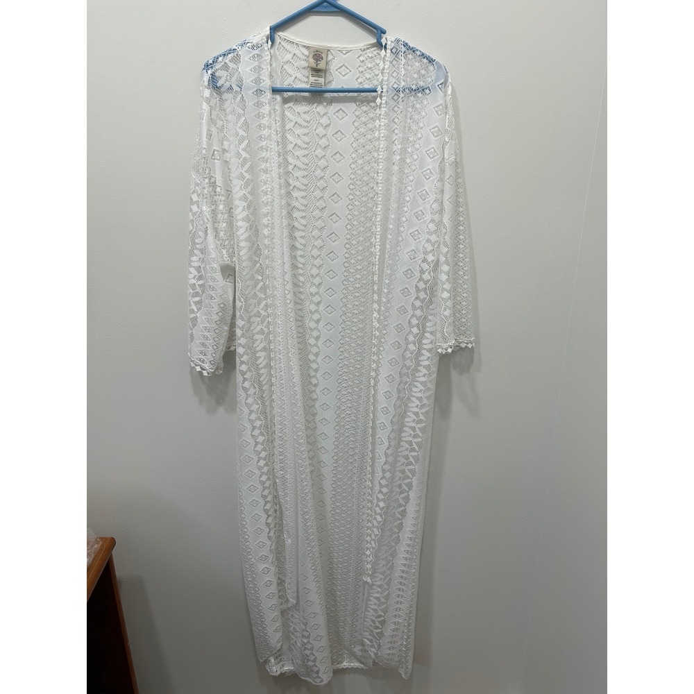 In Bloom Robe Womens XL White Lace Sheer Geometric Duster Swim Cover Up
